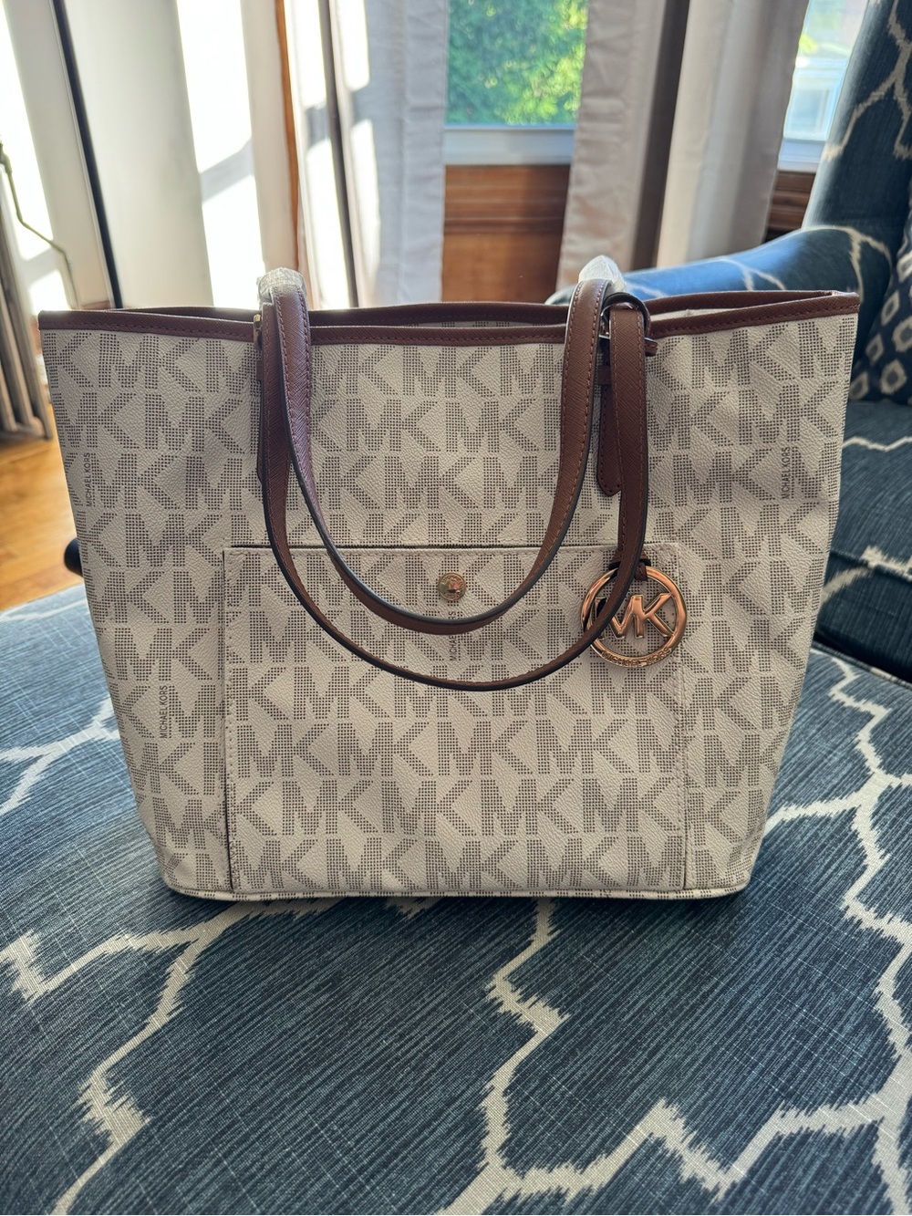 Michael Kors White and Brown MK Logo Tote with Gold Charm